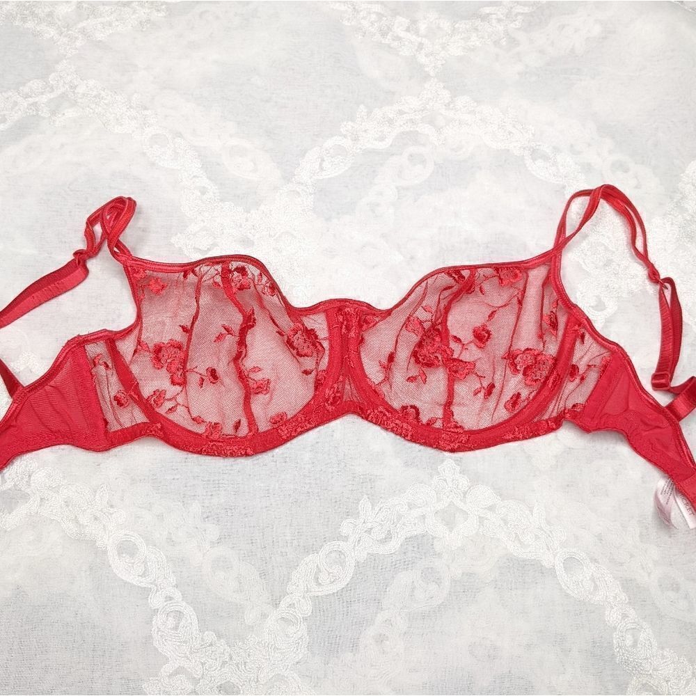 Victoria's Secret Red Lace Bra Mesh Sheer Floral Embroidered 34D Y2K Vintage - Picture 1 of 7